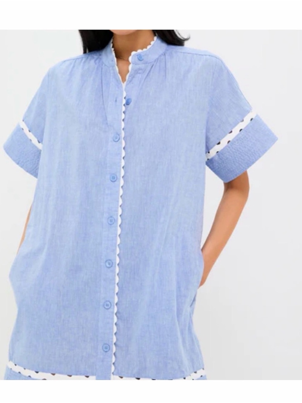 NWT Tuckernut Chambray Blue Button-Front Short Sleeve Tunic Dress XXS $228